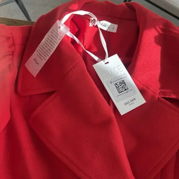 GRACE KARIN Women Lapel Double-Breasted Trench Coat Jacket Teal Red XL / New!! - Picture 9 of 16